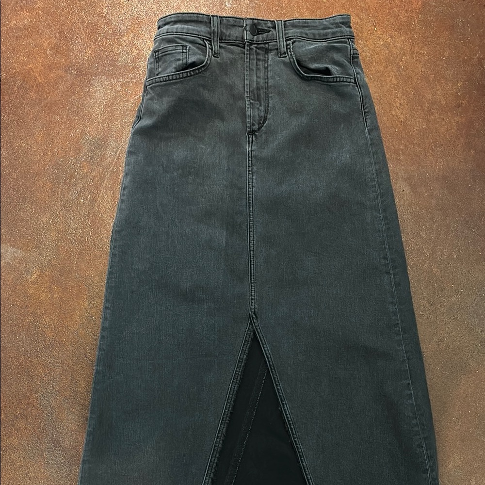 Dark Gray Denim Midi Skirt with Front Slit